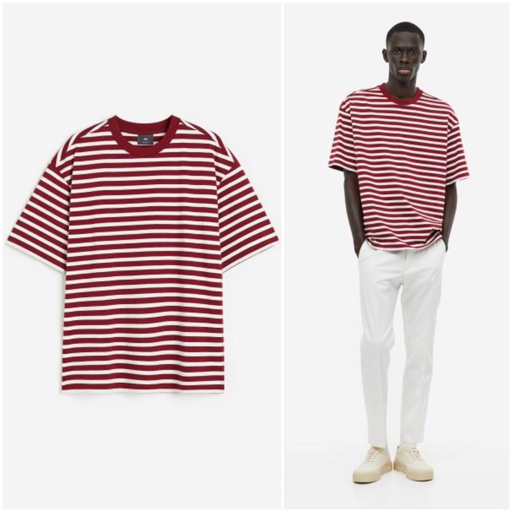 Red/White Striped Relaxed Fit Cotton T-Shirt (M, L)